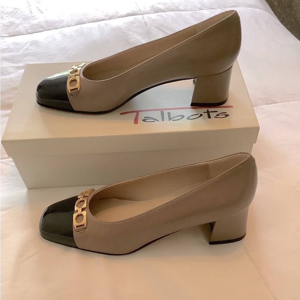 Never worn taupe & black work, chunky heel shoes